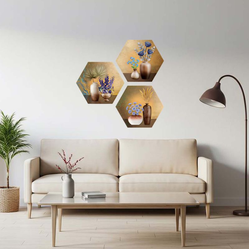 3 Piece Hexagon Shape Floral Theme Wall Art Decor for Living Room and Bedroom UV Textured MDF Home & Office Wall Decoration